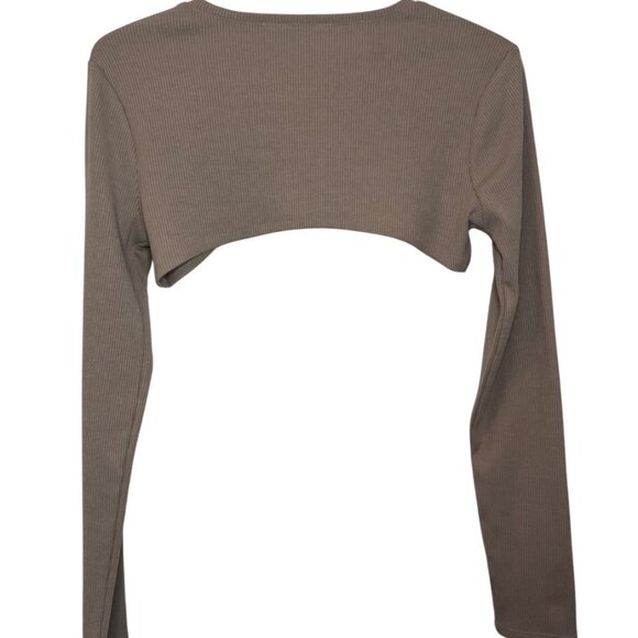 Grey Lab brown ribbed knit round neck long sleeve cropped top size US S - Picture 3 of 5